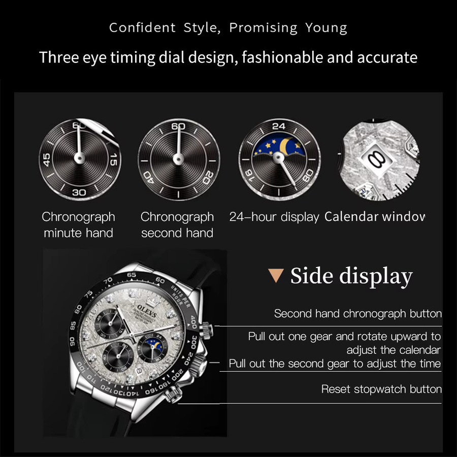 OLEVS Chronograph Armbanduhr, Quarz, Edelstahl, Silikon, Roségold, Herren - Bild 4
