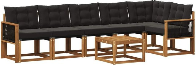 vidaXL Outdoor-Sofagarnitur aus Akazienholz und Textilene in L-Form mit 7 Kissen, Schwarz und Natur - Bild 1