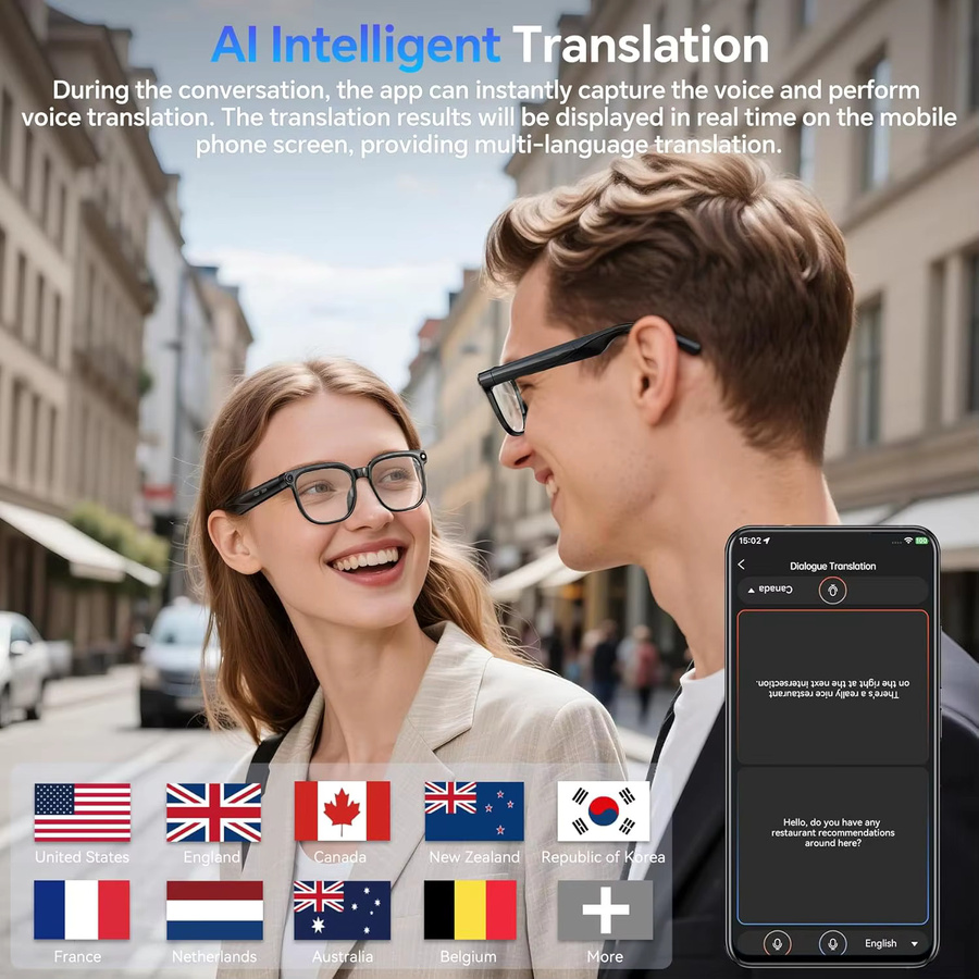 GUHUAVMI KI-Smart-Brille mit 4K-Kamera, KI-Übersetzung und Bluetooth-Anruffunktion, Smart-Sonnenbrille in Schwarz und Transparent - Bild 4