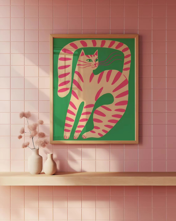 Moderner Wandkunstdruck mit rosa gestreiften Katzen-Illustration in Pink und Multicolour - Bild 2