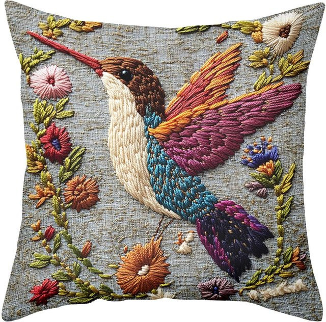 Dekorative Kissenhülle von JMG Clothing mit besticktem Vogel- und Blumenmuster in Multicolour, B/B: 45 x 45 cm - Bild 1