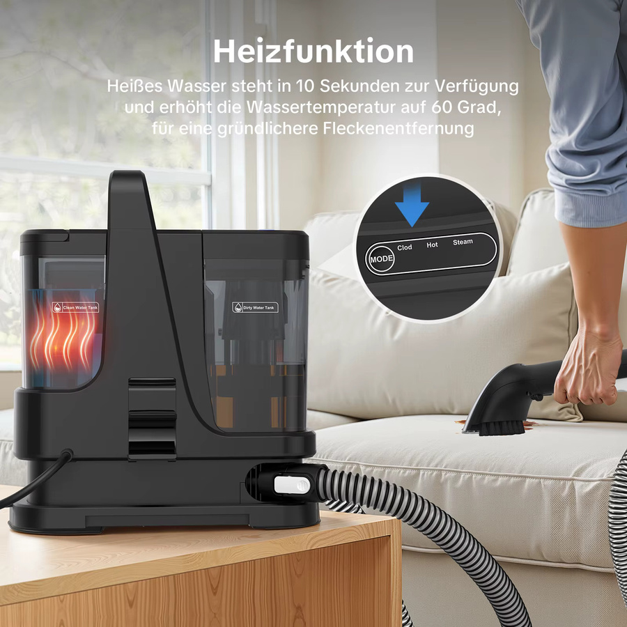 Lubluelu V9 Dampfteppichreiniger in Schwarz mit 15kPa Saugkraft und Heißwasserfunktion zur Fleckentfernung und Keimabtötung - Bild 3