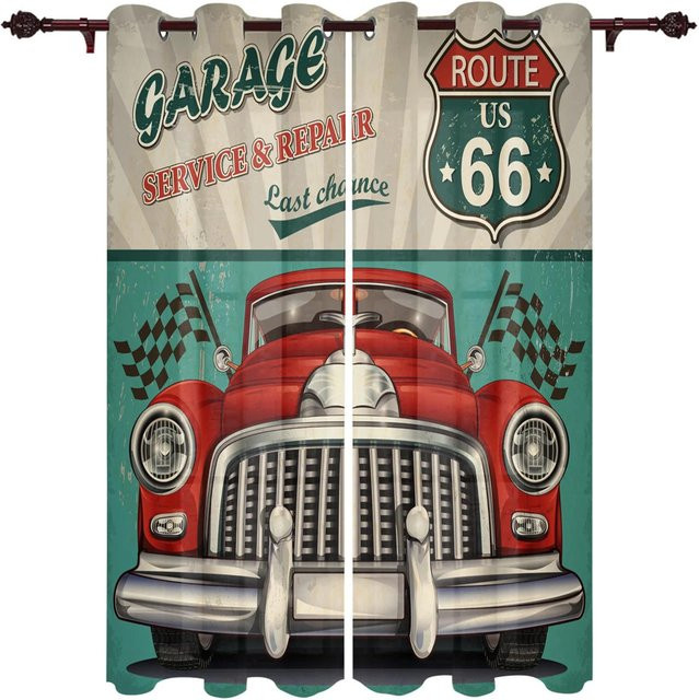 Route 66 Küchenvorhang mit Biercafé-Logo und Retro-Auto-Design, mehrfarbig, Breite: 100 cm, Höhe: 130 cm - Bild 1