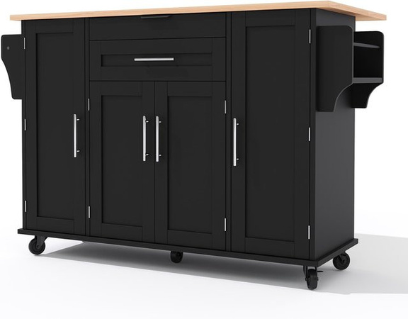 Mobile Kücheninsel von TG Electrical DE in Schwarz und Naturfarbe mit verdeckter Besteckschublade, verstellbaren Einlegeböden, Gewürzregal und Handtuchhalter, B/T/H: 136 x 45 x 92 cm