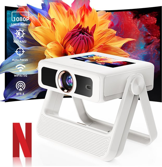 XBJ A5Pro Smart-Projektor mit Bildschirm, 720p HD, Wifi6, BT5.2 und Autofokus, tragbarer 4k Heimkino Projektor in Weiß - Bild 1