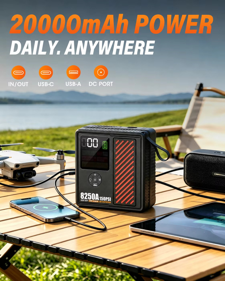 AdoreTrip Auto-Starthilfegerät 8250A Powerbank mit integriertem Luftkompressor 150PSI Reifenfüller in Schwarz - Bild 7