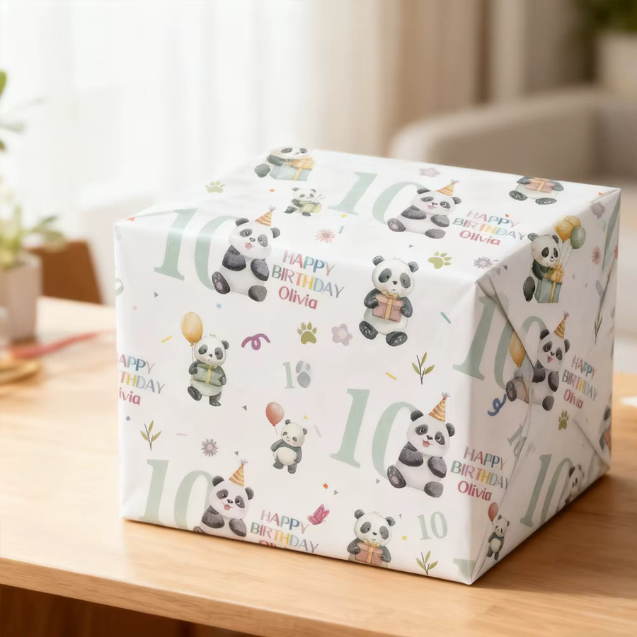 Personalisierbares Panda Geschenkpapier für deine Geburtstagsparty mit Name und Alter, 3 oder 6 Stück, Weiß - Bild 3