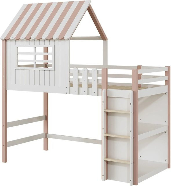 Merax Kinderhausbett aus Massivholz Kiefer in Rosa, B/T/H: 90 x 200 x 102 cm - Bild 1