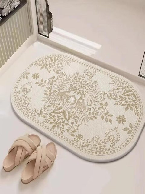 VIKAMA Badezimmer Bodenmatte Kieselgur in Oval mit floralem Design, Farbe: Beige, B x T: 60 x 40 cm - Bild 1