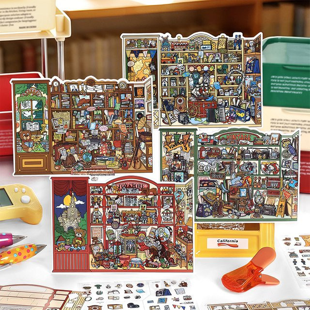 Mr.Paper 4 Packungen 2,5D Diorama-Aufkleber Vintage Spielzeugladen-Szenen aus PET und Weißkarton für Journal DIY Scrapbooking Collage, Mehrfarbig - Bild 1
