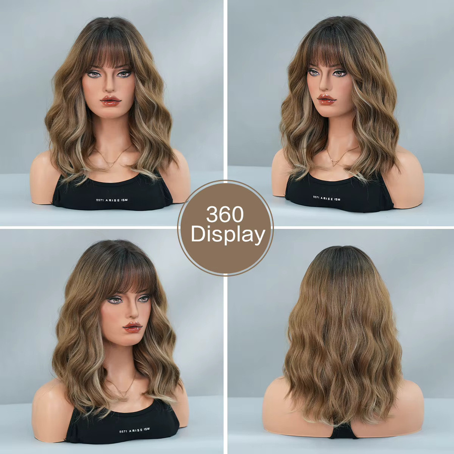 7JHH WIGS Haarperücke für Damen, schulterlang, gewellt, braun, mit Pony - Bild 2