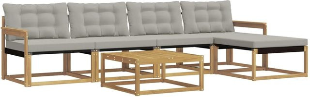 vidaXL Outdoor-Sofagarnitur 6-teilig aus Akazienholz mit Textilene und Polstern in Weiß-Hellgrau - Bild 1