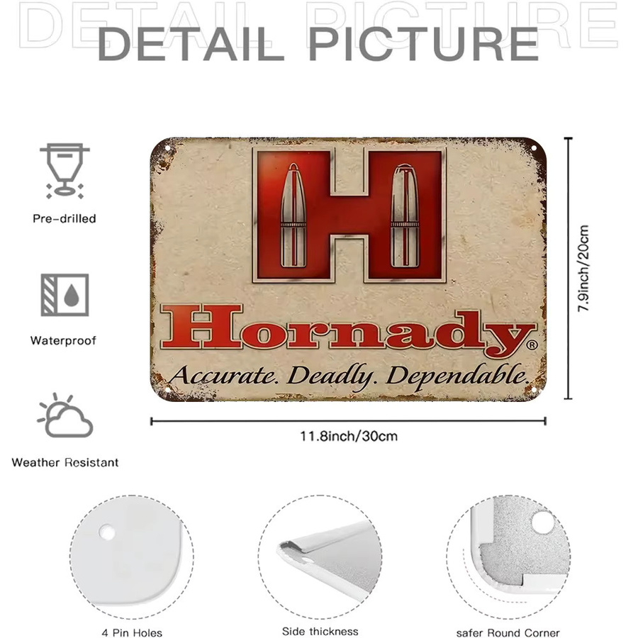 Hornady Vintage Metall-Blechschild in Rot-Weiß als Wanddekoration für Garage und Männerhöhle, B/H: 30 x 20 cm - Bild 5