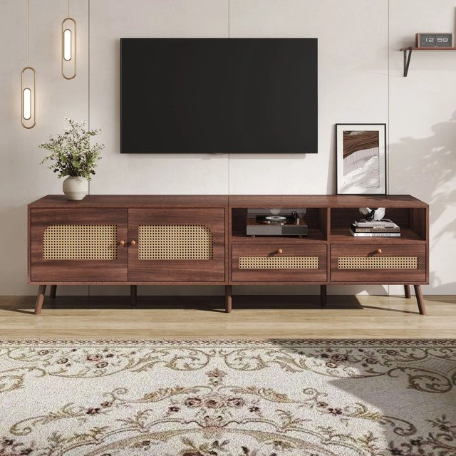 Merax TV Lowboard in Braun mit Rattantüren und Schubladen für bis zu 80 Zoll TV, B/T/H: 200 x 37 x 49,5 cm - Bild 1