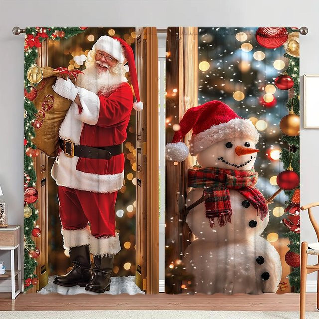 2er-Set Weihnachtsmann und Schneemann Vorhang mit Motivdruck, braun, B: 52,5 cm, H: 116 cm - Bild 1