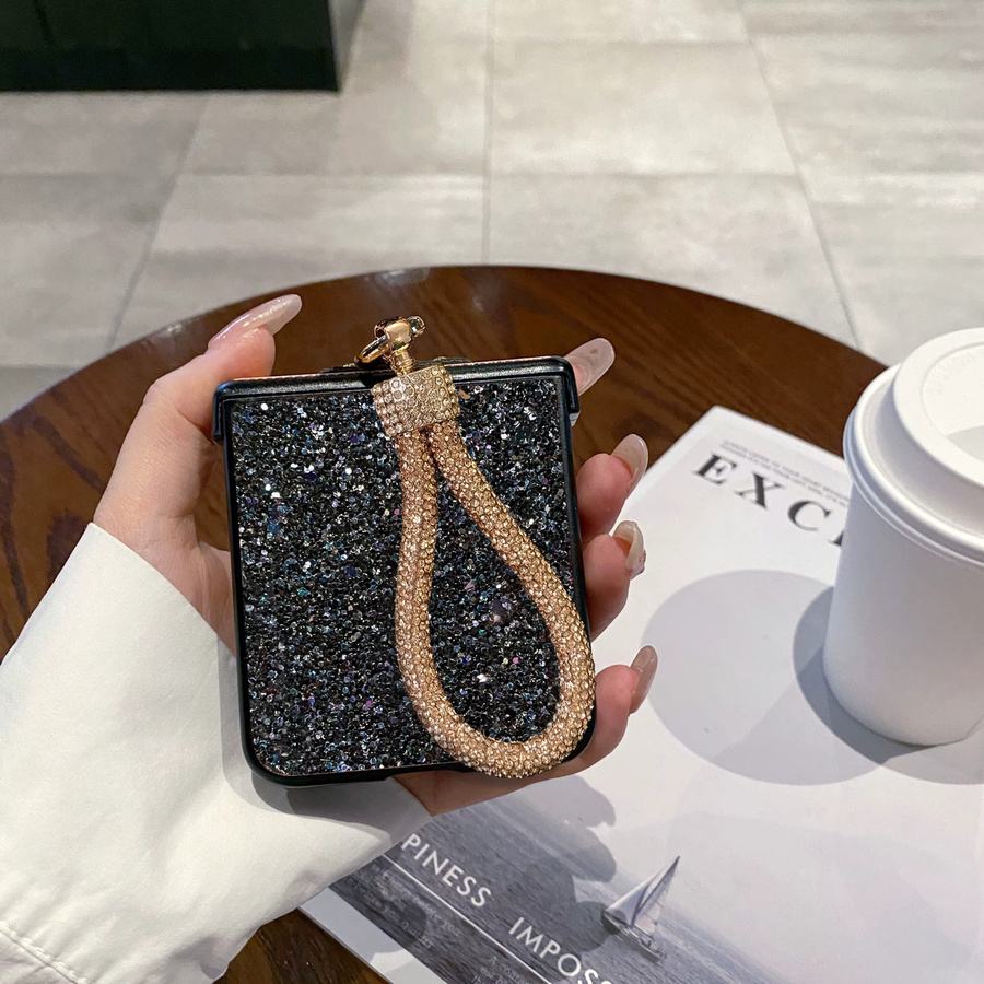 Glänzende Kunstdiamant-Strass-Handyhülle mit Schlüsselband für Samsung Galaxy Z Flip (Modelle: 3, 4, 5, 6, 7, 8, FE) in Schwarz - Bild 3