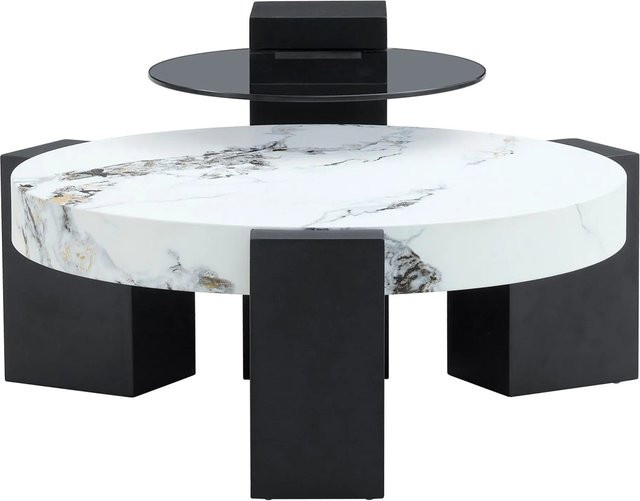okwish Beistelltisch mit zwei Ebenen und Glasplatte in Marmoroptik, B/T/H: 78 x 75 x 34 cm, Weiß Schwarz - Bild 1