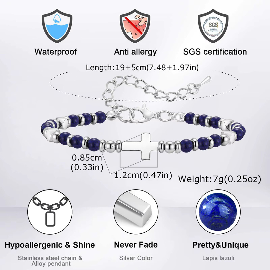 Herren-Armband Natursteinperlen, Bohemian-Kreuzanhänger, Silber - Bild 5