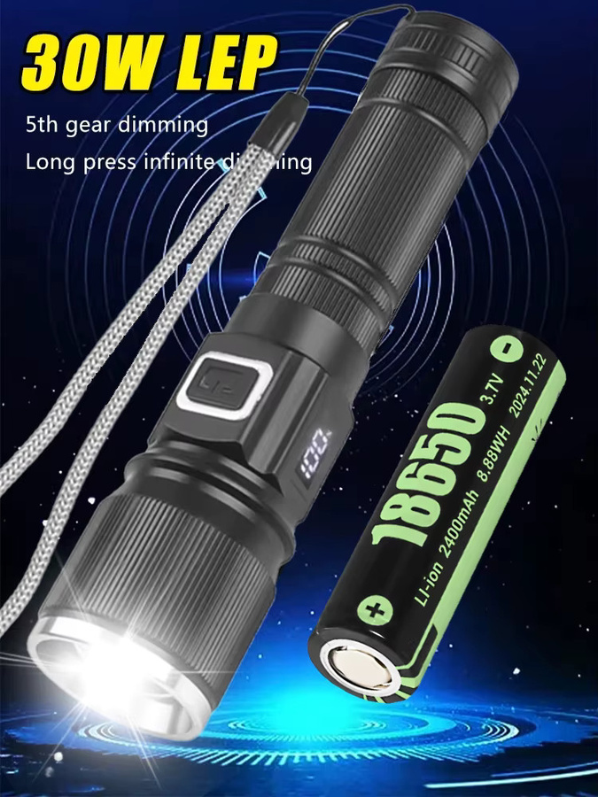 XIWANGFIRE Taktische 30W LED-Taschenlampe aus Aluminiumlegierung in Schwarz mit LCD-Leistungsanzeige, Zoom und wiederaufladbarem Akku - Bild 4