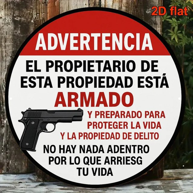 Bilinguales Spanisch-Englisch Aluminium-Schild Armed Homeowner im Vintage-Stil von CIFBUY, rund, Durchmesser: 20,32 cm - Bild 1