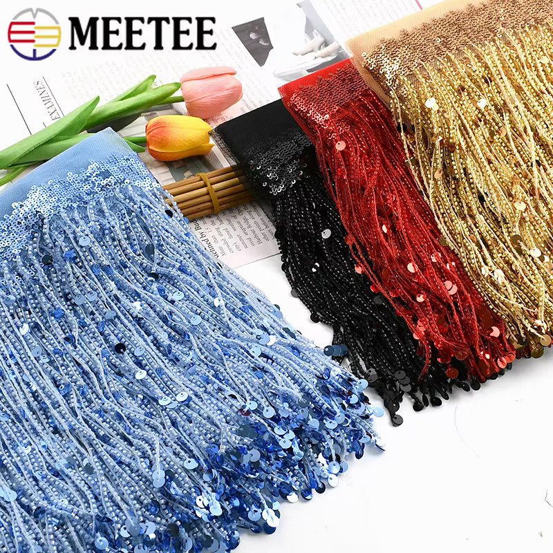 Meetee Pailletten-Fransenquasten in Schwarz mit Perlen-Spitzenbesatz, 4 m Rolle, Breite: 20 cm - Bild 3