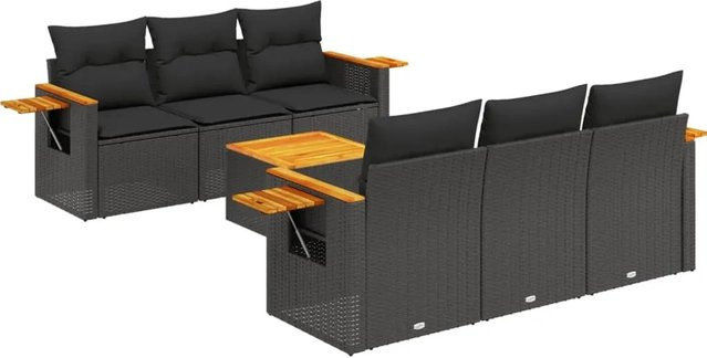 vidaXL 7-tlg Garten-Sofagarnitur aus Poly-Rattan und Akazienholz in Schwarz mit Kissen - Bild 1