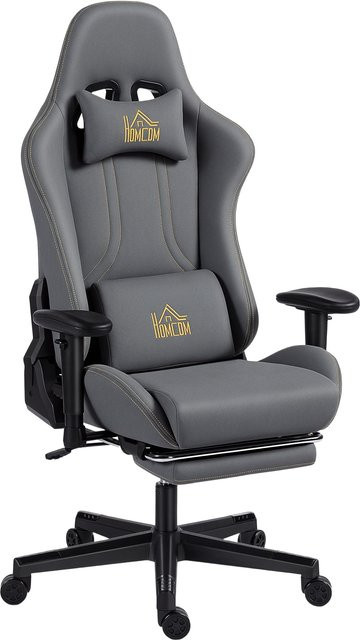 HOMCOM Gaming Stuhl aus Wildlederimitat in Dunkelgrau mit Fußstütze, Kopfkissen, Lendenkissen und 3D Armlehnen - Bild 1