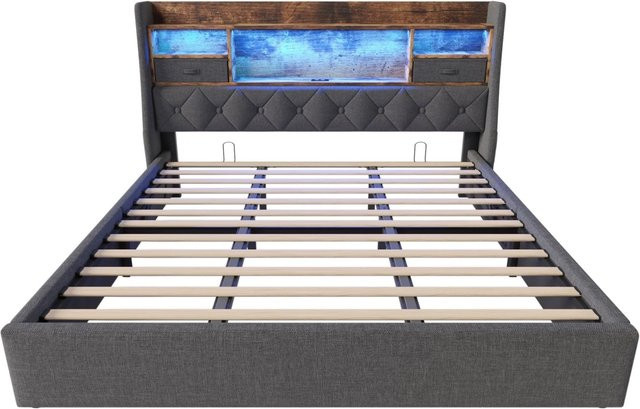 okwish Polsterbett Grau mit LED-Kopfteil, USB-Anschluss und Bettablage für Kinderzimmer und Schlafzimmer, B/T/H: 221,0 x 180,0 x 116,0 cm - Bild 1