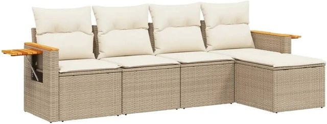 vidaXL 5-teilige Garten-Sofagarnitur aus Poly-Rattan und Akazienholz in Beige-Creme mit Kissen - Bild 1
