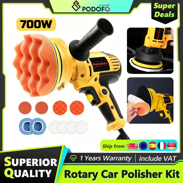 Podofo 700W 5-Zoll Rotations-Elektro-Poliermaschine mit einstellbarer Geschwindigkeit 0-3600 U/min in Gelb für Autopflege und Kratzerreparatur - Bild 1