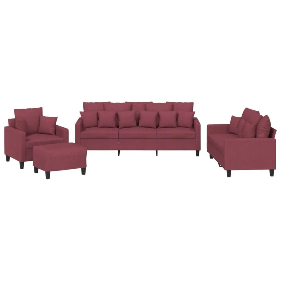 vidaXL 4-teilige Sofagarnitur in Weinrot mit Stoffbezug, 3-Sitzer, 2-Sitzer, Sessel und Ottoman für dein Wohnzimmer - Bild 2