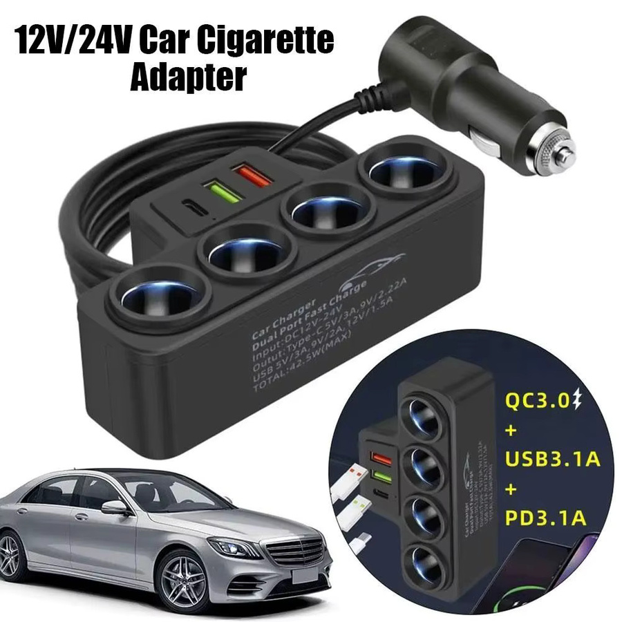 120W Auto Zigarettenanzünder Adapter mit 4 Steckplätzen, USB QC3.0 und PD3.1 Anschlüssen, Schwarz, 12V/24V kompatibel - Bild 2