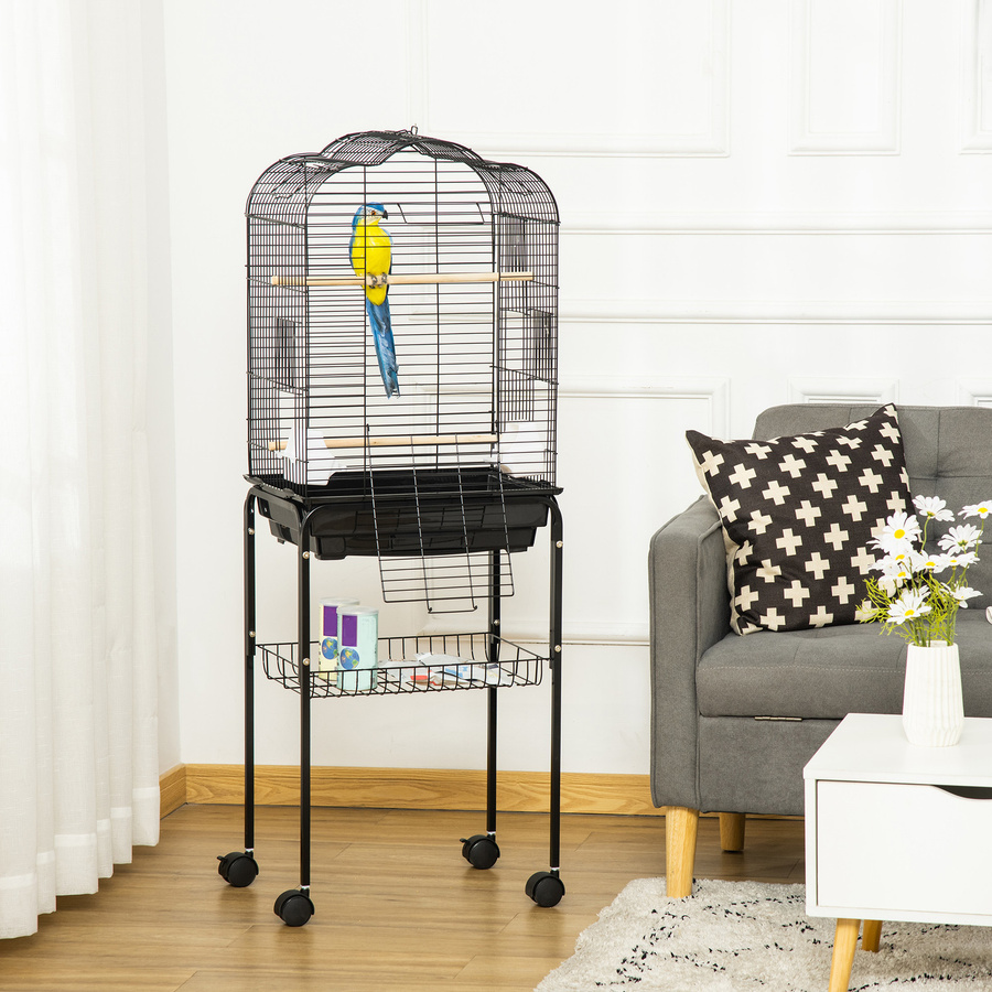 PawHut Vogelkäfig Voliere mit Rollen und aufklappbarem Dach, 3 Sitzstangen und unterem Regal, Schwarz, H x B x T: 130 x 36 x 36 cm, Aosom - Bild 2