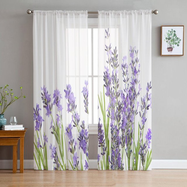 Yiran Furniture Transparenter Tüllvorhang mit Blumenmuster in Lila, Breite: 135 cm, Höhe: 137 cm - Bild 1