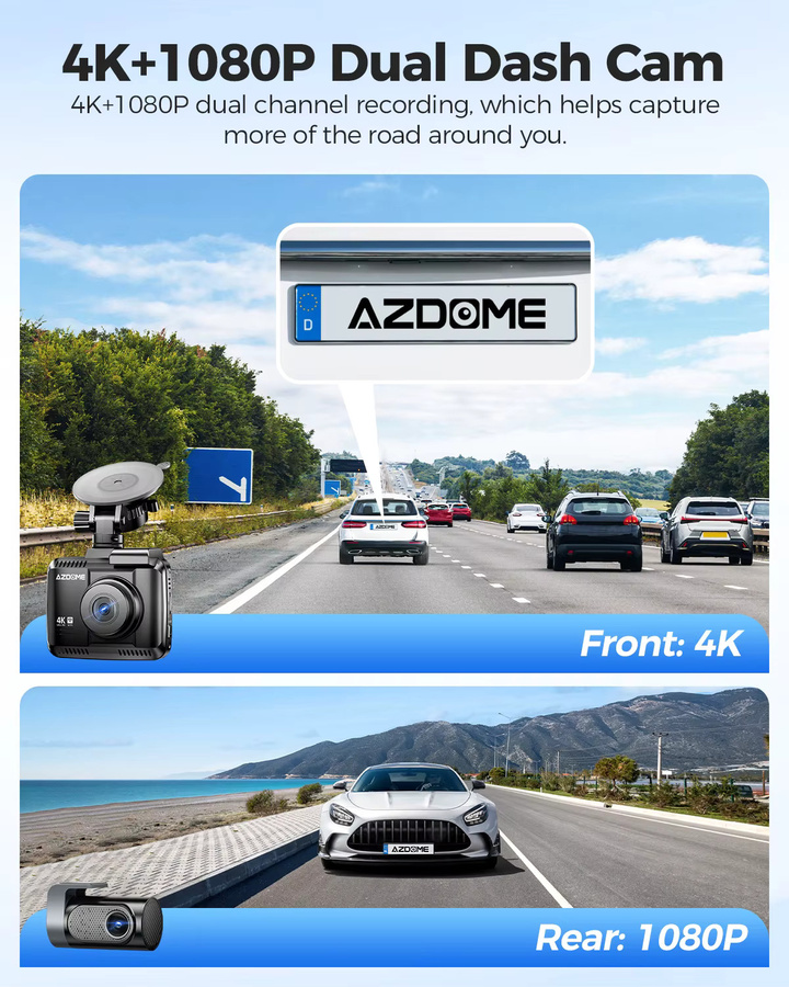 AZDOME GS63H Pro Dashcam mit 4K+1080P Auflösung, 2,4-Zoll-IPS-Bildschirm, ADAS, WiFi 6, GPS und 24-Stunden-Parkfunktion in Schwarz - Bild 2