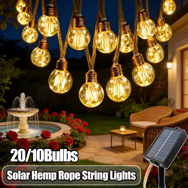 WELPUR Solarbetriebene Lichterkette mit Glaskugeln und Hanfseil in Braun und Transparent, Warmweißes Licht für Garten, Terrasse und Party - Bild 1