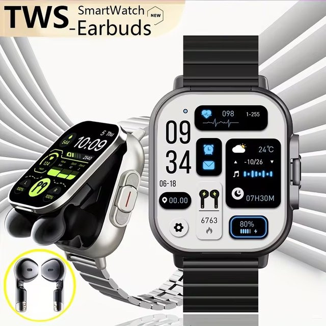 LIGE 2-in-1 Smartwatch mit integrierten TWS Bluetooth Kopfhörern in Schwarz mit NFC, Gesundheitsüberwachung und Herzfrequenzmessung - Bild 1