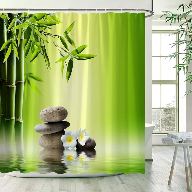 ZZN Duschvorhang-Set mit Zen-Design aus Polyester in Grün mit Haken und floralem Motiv aus Bambus, Steinen und Orchideen, Höhe: 180 cm - Bild 1