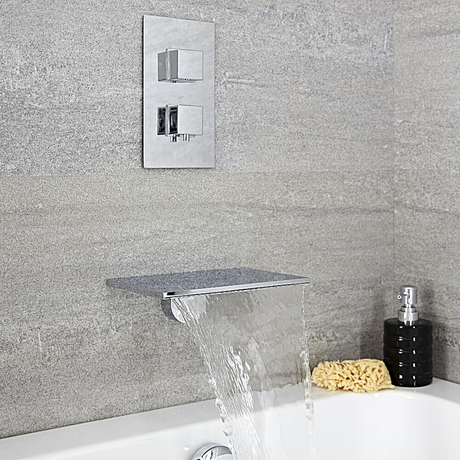 Hudson Reed Badewannenarmatur Arvo mit Wasserfallauslauf, Thermostat und zwei Griffen, Chrom/Silber - Bild 1