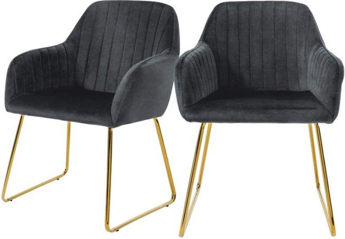 ML-Design Esszimmerstuhl 2er Set aus Samt in Grau mit goldenen Metallbeinen und Armlehnen - Bild 2