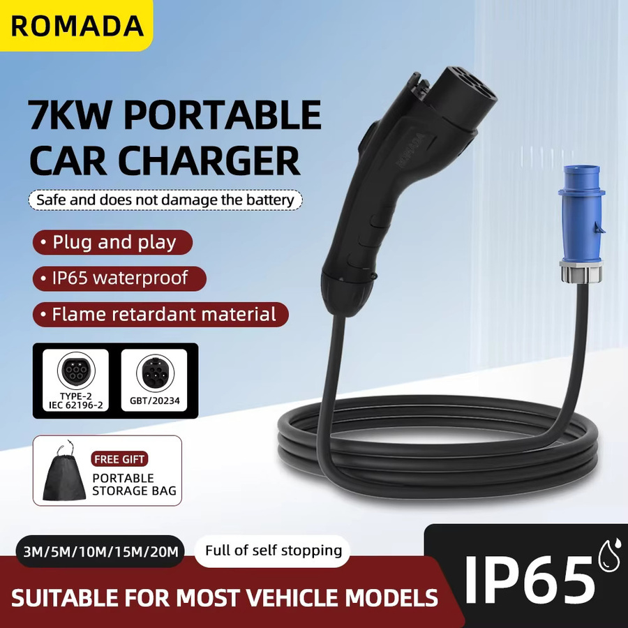 ROMADA Tragbares Elektrofahrzeug Ladegerät 7KW 32A mit CEE-Stecker und GB/T20234 Anschluss, Farbe: Schwarz - Bild 2