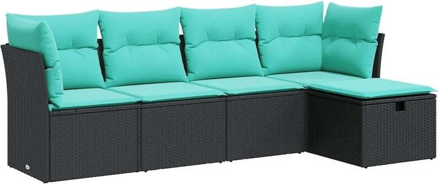vidaXL 5-teilige Garten-Sofagarnitur aus Poly-Rattan in L-Form mit Kissen und Ottoman, Schwarz - Bild 1