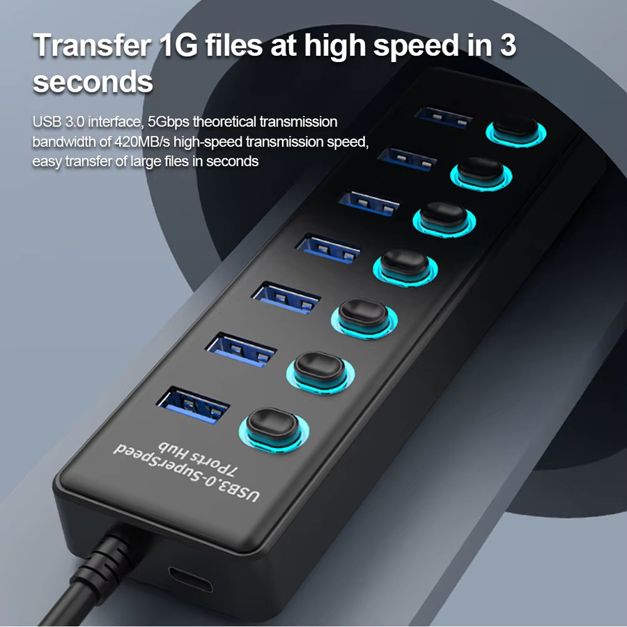 KEBIDUMEI 7-in-2 USB 3.0 Hub mit Einzelnen Ein/Aus-Schaltern und USB-C Anschluss, 5Gbps USB-Verteiler in Schwarz - Bild 2