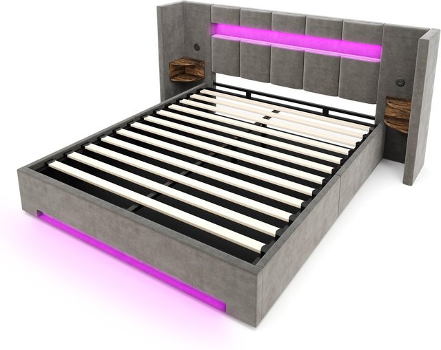 GOMYWAY Home Multifunktionaler Stoffbettrahmen mit USB-Ladeport, LED-Unterbettbeleuchtung und Lift-up-Funktion, Grau, B/T/H: 225 x 212 x 103 cm - Bild 1