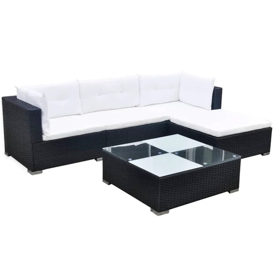 vidaXL 5-tlg. Garten-Lounge-Set in L-Form aus schwarzem PE-Rattan mit Polsterkissen und pulverbeschichtetem Stahlrahmen - Bild 2