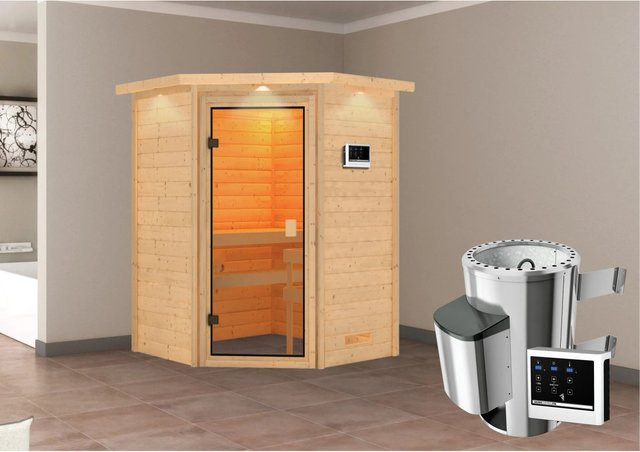 Karibu Massivholzsauna Antonia aus Fichte mit 3,6 kW Ofen, externem Steuergerät und LED-Dachkranz in Natur - Bild 1