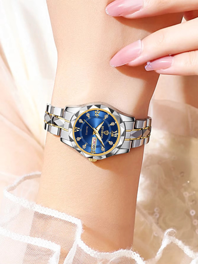 BINBOND Armbanduhren, Quarz, Edelstahl, Diamant, Gold, Blau, Unisex - Bild 3