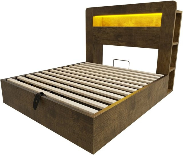 Merax Plattformbett mit Hydraulik, LED-Beleuchtung und USB-Ladeport in Vintage-Holzoptik, B/T/H: 140 x 200 x 107 cm - Bild 1