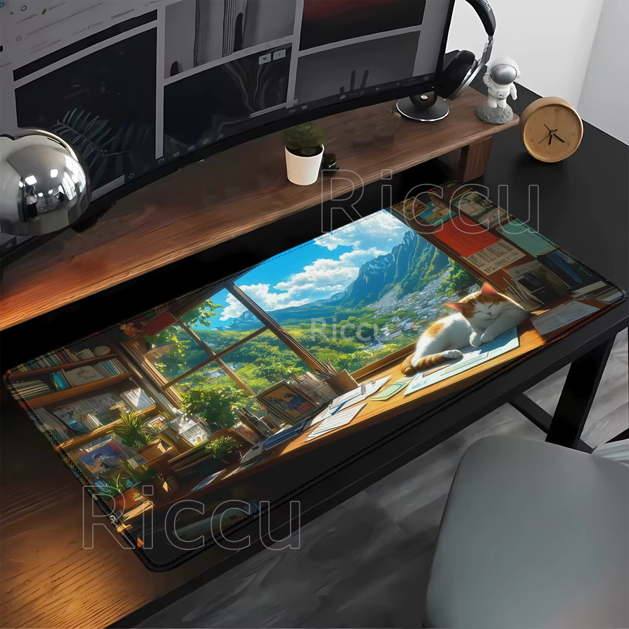 Eenehana Mauspad mit Landschaft Berg Sonnenuntergang und Cartoon Katze, rutschfeste Schreibtischunterlage für PC und Gaming, B/T: 90 x 40 cm, Multicolor - Bild 2
