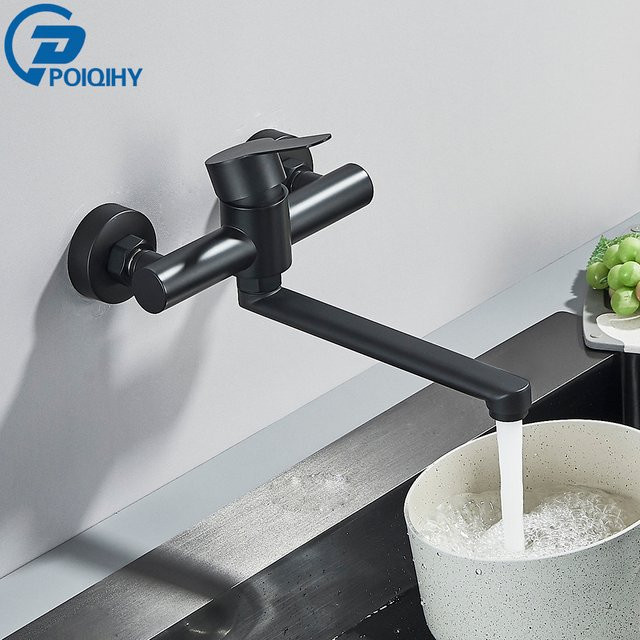 Poiqihy Wand-Küchenarmatur in Schwarz mit gebürstetem Nickel, 360 Grad drehbarer Auslauf und Einhebelmischer für Küche und Badezimmer - Bild 1